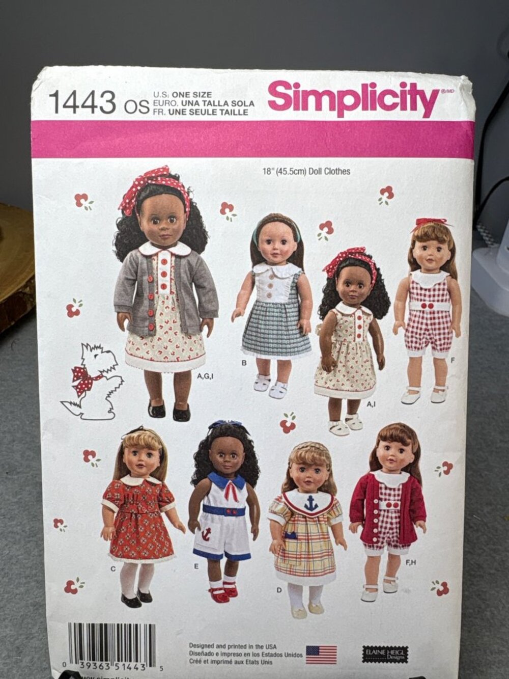 Simplicity 1443 Uncut Doll Clothes Sewing Pattern Size 18" Dolls 2014